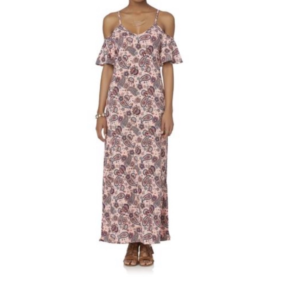 Cold Shoulder Pink Floral Paisley Slit Maxi Dress